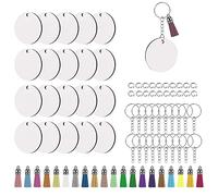LUTER Lot de 80 porte-clés vierges en vrac pour projets de vinyle, porte-clés vierges avec panneaux de sublimation ronds double face, porte-clés, pompons en cuir, anneaux ouverts pour la fabrication