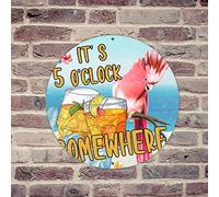 lutieger Plaque décorative ronde en métal « It's Five O'clock Somewhere » - Décoration d'intérieur tendance et chic pour cour, porte d'entrée, terrasse - 30,5 x 30,5 cm - Motif flamant rose tropical