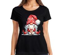 Lutin de Noël avec vache câlin rouge hiver mignon animaux femmes t-shirt, Noir , XL