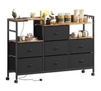 Lutown-Teen Commode à 7 Tiroirs, Commode Tissu avec Station de Charge, pour Chambre, Salon, Couloir, Meuble de Rangement avec roulettes, 132 x 30 x 91 cm, Marron Rustique + Noir