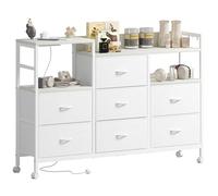 Lutown-Teen Commode Chambre Blanche, Comodas Chambre avec 2 Ports USB et 2 Ports AC, Commode Entree avec roulettes et 7 Tiroirs en Tissu, pour Couloir, Salon, 132 x 30 x 91 cm, Blanc