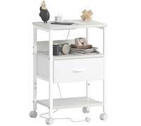 Lutown-Teen Table de Chevet avec Prises Intégrée, Haute 63 cm, 1 Tiroir de Rangement en Tissu et étagères, Table d'appoint Blanche à roulettes, pour Salon, Chambre à Coucher, Blanc