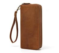 LUUFAN Cuir véritable Double Fermeture à glissière Portefeuille Long Grande capacité en Cuir Embrayage Portefeuilles avec dragonne (Marron 2)