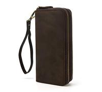 LUUFAN Cuir véritable Double Fermeture à glissière Portefeuille Long Grande capacité en Cuir Embrayage Portefeuilles avec dragonne (Marron 3)