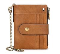 LUUFAN Portefeuille à Deux Volets en Cuir véritable avec chaîne antivol, Double Fermeture éclair pour espèces, pièces de Monnaie, Cartes de crédit (Brun)