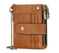 LUUFAN Portefeuille à deux volets en cuir véritable avec chaîne antivol et double fermeture éclair pour espèces, pièces de monnaie, cartes de crédit avec fenêtre d'identité (marron), 6002QZ, Vintage