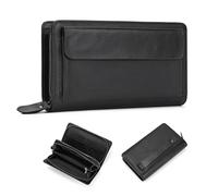 LUUFAN Portefeuille en cuir véritable double fermeture éclair grande capacité long porte-monnaie pochette sac à main pochette affaires cartes de trésorerie support de téléphone portable, noir, Noir
