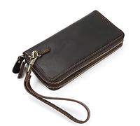 LUUFAN Portefeuille en cuir véritable pour homme - Double fermeture éclair - Portefeuille long - Grande capacité - Sac à main - Pochette à main - Pochette pour argent liquide - Porte-téléphone -