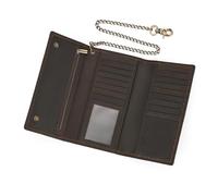 LUUFAN Portefeuille long en cuir véritable à trois volets avec chaîne antivol pour homme, sac à main vintage avec fenêtre pour carte d'identité, marron foncé