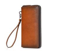 LUUFAN Portefeuille long en cuir véritable de grande capacité avec fermeture éclair autour du sac à main, pochette pour cartes de crédit, téléphone portable, marron clair