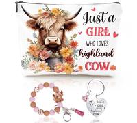 Luvart Cadeaux de vache Highland pour femme - Ensemble cadeau de 3 pièces en forme de vache des Highlands avec fermeture éclair, porte-clés, bracelet, pour les amateurs de bétail, anniversaire, Noël