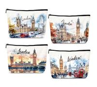 Luvart Lot de 4 trousses de maquillage de voyage à Londres - Aquarelle - Paysage urbain de Londres - Avec fermeture éclair - Cadeau de Noël ou d'anniversaire pour femmes et filles