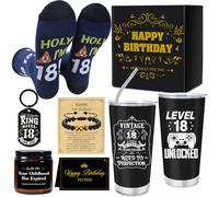 Luvart Lot de 6 cadeaux d'anniversaire pour garçons de 18 ans, gobelet de 590 ml, chaussettes amusantes, porte-clés, bracelets, bougies, cadeaux de 18e anniversaire pour fils, petit-fils, neveu, frère