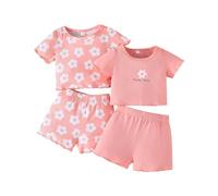 LUVCES Bébé Fille 4Pièces Ensemble Côtelé Bord à Volants Manches Courtes Motif Floral/Couleur Unie T-shirt Haut et Pantalon Vêtement 4Pcs manches courtes rose 18-24 Mois