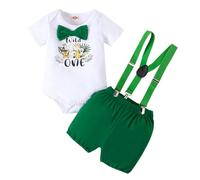 LUVCES Bébé Garçon 1st Anniversaire Vêtement Gentleman Wild One Imprimé Manches Courtes Barboteuse Haut + Bretelles Short Été 2 Pièces Ensemble Tenue Wild One vert 12-18 Mois