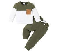 LUVCES Bébé Garçon Vêtement Bloc de Couleur/Lettre Imprimée Sweat-shirt+ Couleur Unie Pantalon pour Bébé Automne Printemps 2 Pièces Ensemble vert armée avec poche 2-3 Ans