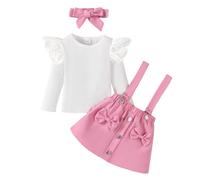 LUVCES Ensemble Bebe Fille 3 Pièces d'automne Tenues Manches Longues Côtelé à Volants Haut +Salopette Jupe à Bretelles + Bandeau Vêtement pour Filles 3Pcs Rose 6-12 Mois