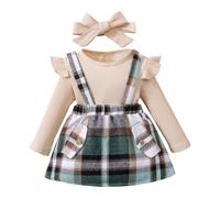 LUVCES Ensemble Bebe Fille 3 Pièces d'automne Tenues Manches Longues Côtelé à Volants Haut +Salopette Jupe à Bretelles + Bandeau Vêtement pour Filles 3Pcs Kaki 12-18 Mois
