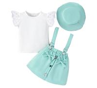 LUVCES Ensemble Bebe Fille 3 Pièces d'été Tenues Manches Courtes Côtelé à Volants Haut + Salopette Jupe à Bretelles + Chapeau Vêtement pour Filles 3Pcs Vert 2-3 Ans