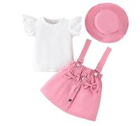 LUVCES Ensemble Bébé Fille Manches Courtes Côtelé à Volants Haut+ Bowknot Jupes à Bretelles Robe Salopette + Chapeau Elegant d'été Vêtements Set 3Pcs Rose 12-18 Mois