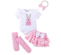 LUVCES Ensemble Bébé Fille Tenue Imprimés Mignons Volants Manche Courte Top + Tutu Short + Bandeau et Chaussettes 3Pcs/4Pcs Pâques Vêtements