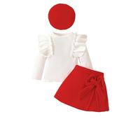 LUVCES Ensemble Jupe Bébé Fille Manches Longues à Volants Tricoté Tops à Nœud Papillon + Elegante Mini Jupe + Béret 3Pcs Automne Hiver Vêtements Tenues