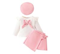 LUVCES Ensemble Jupe Bébé Fille Manches Longues à Volants Tricoté Tops à Nœud Papillon + Elegante Mini Jupe + Béret 3Pcs Automne Hiver Vêtements Tenues