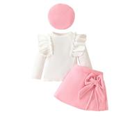 LUVCES Ensemble Jupe Bébé Fille Manches Longues à Volants Tricoté Tops à Nœud Papillon + Elegante Mini Jupe + Béret 3Pcs Automne Hiver Vêtements Tenues
