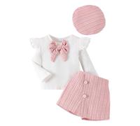 LUVCES Ensemble Jupe Bébé Fille Manches Longues à Volants Tricoté Tops à Nœud Papillon + Elegante Mini Jupe + Béret 3Pcs Automne Hiver Vêtements Tenues Rose 18-24 Mois