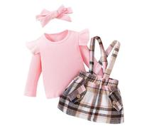 LUVCES Ensemble Jupes Bébé Fille Manche Longue à Volants Côtelé Haut + Carreaux Jupe à Bretelles Salopette Robe Vêtements d'automne Hiver 3Pcs Rose 6-12 Mois