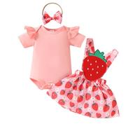 LUVCES Ensemble Jupes Nouveau-né Fille Manche Courte à Volants Barboteuse Haut + Joli Imprimé Floral/Ours Robe à Bretelles+Bandeau 3Pcs été Vêtements Fraise rose 0-3 Mois