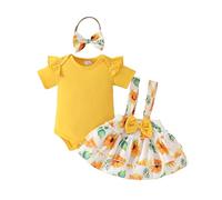 LUVCES Ensemble Jupes Nouveau-né Fille Manche Courte à Volants Barboteuse Haut + Joli Imprimé Floral/Ours Robe à Bretelles+Bandeau 3Pcs été Vêtements Tournesol jaune 3-6 Mois