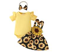 LUVCES Ensemble Jupes Nouveau-né Fille Manche Courte à Volants Barboteuse Haut + Joli Imprimé Floral/Ours Robe à Bretelles+Bandeau 3Pcs été Vêtements Tournesol jaune 6-12 Mois