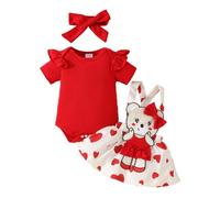 LUVCES Ensemble Jupes Nouveau-né Fille Manche Courte à Volants Haut + Ours de Dessin Animé Imprimé d'amour Salopette Jupe À Bretelles Robe Été Vêtements rouge 3-6 Mois