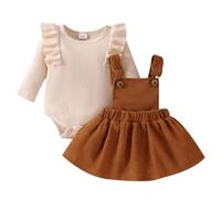LUVCES Ensemble Jupes Nouveau-né Fille Manche Longue/Courte à Volants Haut + Salopette à Carreaux/Nœud Papillon Robe à Bretelles Automne Hiver Vêtements