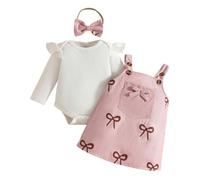 LUVCES Ensemble Nouveau-né Fille Jupe à Bretelles en Velours Côtelé + Barboteuse Côtelée avec Cœur + Bandeau 3Pcs Jolie Vêtements d'Automne Hiver 3Pcs Noeud rose 6-12 Mois