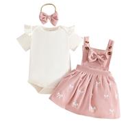 LUVCES Ensemble Nouveau-né Fille Jupe à Bretelles en Velours Côtelé + Haut Côtelée avec Cœur + Bandeau 3Pcs Jolie Vêtements d'Automne Hiver Été 3Pcs Manches Courtes nœud papillon rose 12-18 Mois