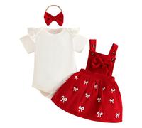LUVCES Ensemble Nouveau-né Fille Jupe à Bretelles en Velours Côtelé + Haut Côtelée avec Cœur + Bandeau 3Pcs Jolie Vêtements d'Automne Hiver Été 3Pcs Manches Courtes nœud papillon rouge 12-18 Mois