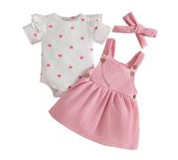 LUVCES Ensemble Nouveau-né Fille Jupe à Bretelles en Velours Côtelé + Haut Côtelée avec Cœur + Bandeau 3Pcs Jolie Vêtements d'Automne Hiver Été 3Pcs Manches Courtes Coeur d'amour rosee 3-6 Mois