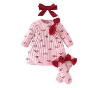 LUVCES Ensemble Robe Bébé Fille à Imprimé Cœur Manches Longues Côtelées+ Bandeau +Bas Stockage pour Saint-Valentin Tenue Printemps Automne 3pcs Motif nœud 0-3 Mois