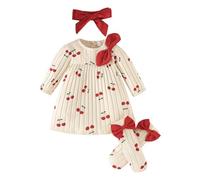 LUVCES Ensemble Robe Bébé Fille à Imprimé Cœur Manches Longues Côtelées+ Bandeau +Bas Stockage pour Saint-Valentin Tenue Printemps Automne 3pcs Motif Cerise 6-9 Mois