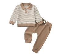 LUVCES Ensemble Survêtement Printemps pour Bébé Garçon Sweat-shirt à Col Polo Rayé +Pantalon avec Poches Automne Hiver Vêtement Tenues Rayures brunes 6-12 Mois