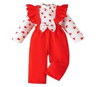 LUVCES Ensemble Vêtements Bébé Fille Automne Mignon Imprimé Amour Barboteuse Top +Ours de Dessin Animé Salopette Pantalon+ Bandeau 3Pcs Set Coeur d'amour rouge 18-24 Mois