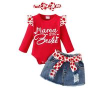 LUVCES Nouveau-né Bébé Fille Vêtements Tenue Manches Longues Côtelé Barboteuse Amour Denim Jean Jupe Ensemble Saint Valentin Vêtement Manches longues rouges MaMa 12-18 Mois