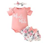 LUVCES Nouveau-né Fille été Vêtement Manches Courtes Imprimé Lettre Cute Body T-shirt Haut+ Bowknot Imprimé Shorts + Bandeau 3Pièces Ensembl Rose Mamas Mini 12-18 Mois