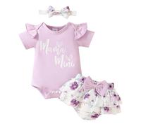 LUVCES Nouveau-né Fille été Vêtement Manches Courtes Imprimé Lettre Cute Body T-shirt Haut+ Bowknot Imprimé Shorts + Bandeau 3Pièces Ensembl Violet Mamas Mini 3-6 Mois