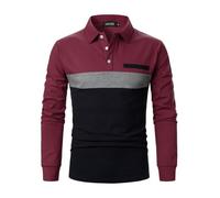 LUVCES Polo Manche Longue Homme Décontracté Bloc de Couleurs Coton Golf Polo T-Shirt col Contrasté Hauts pour Hommes Manches Longues Bordeaux+Gris+Bleu Marine S