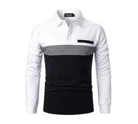 LUVCES Polo Manche Longue Homme Décontracté Bloc de Couleurs Coton Golf Polo T-Shirt col Contrasté Hauts pour Hommes Manches Longues Blanc+Gris+Bleu Marine XXL