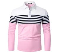 LUVCES Polo Manche Longue Homme Rayés Casual Coupe Ajustée Polo de Golf Couleur Contrastée Coton T-Shirts Tops Manches Longues Blanc + Rose L