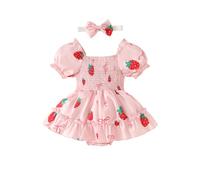 LUVCES Robe d'été pour Nouveau-né Fille Tenue Mignonne Imprimée Fraise Manches Courtes Princesse Robes avec Bandeau Ensemble de Vêtement 2pcs Fraise Rose 3-6 Mois